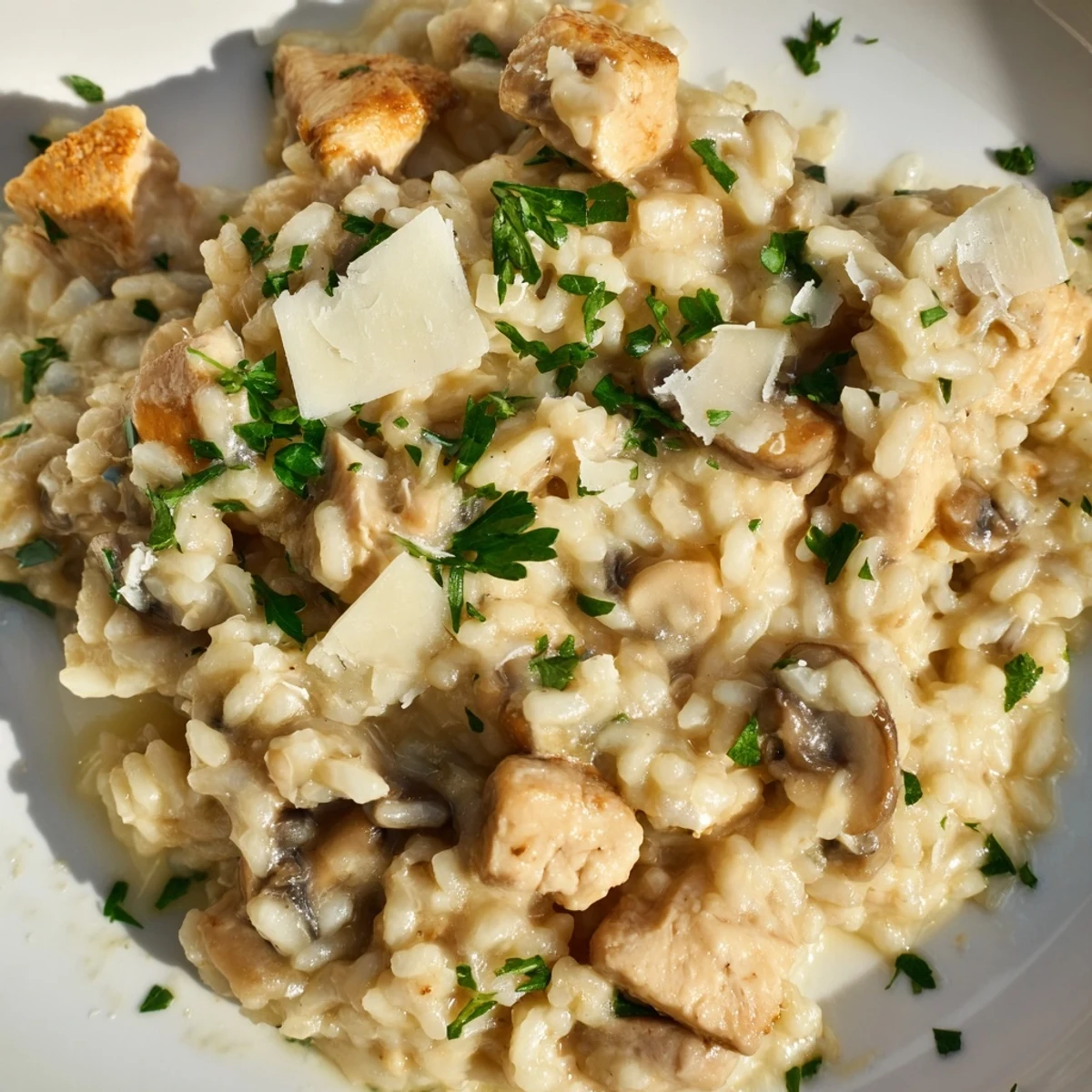 Creamy chicken and mushroom baked risotto topped with fresh parsley and grated Parmesan cheese