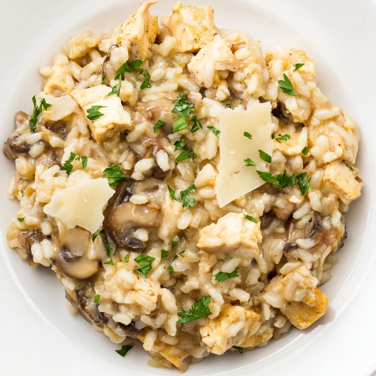 Golden diced chicken nestled in rich Arborio rice with earthy sliced cremini mushrooms