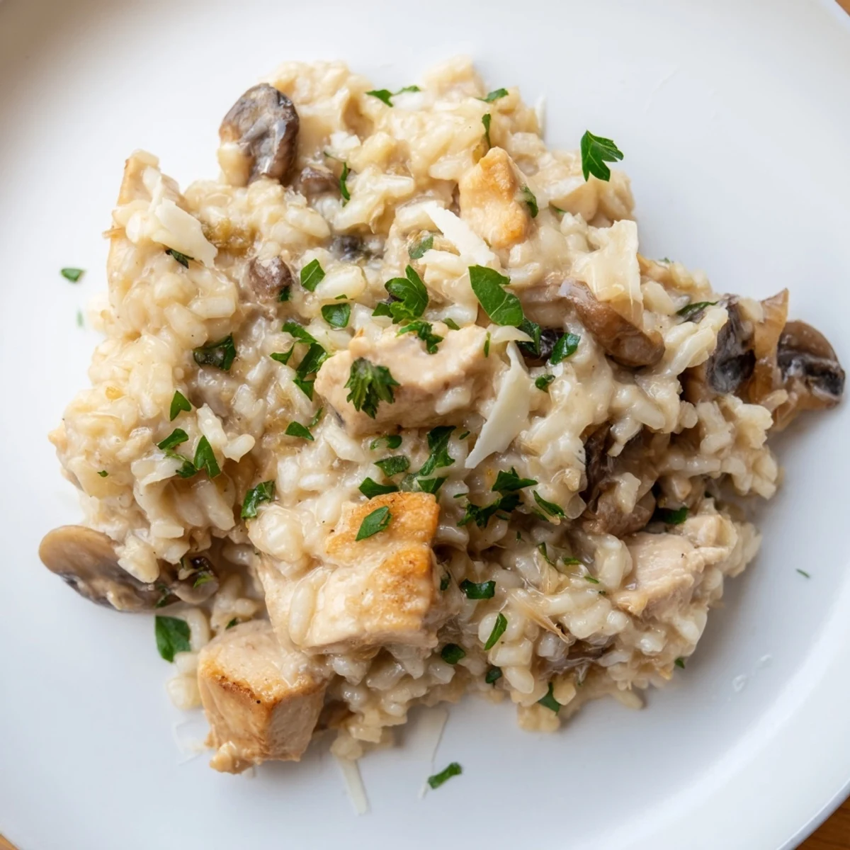 Oven-baked Italian risotto featuring tender chicken pieces, aromatic herbs, and melted butter garnish