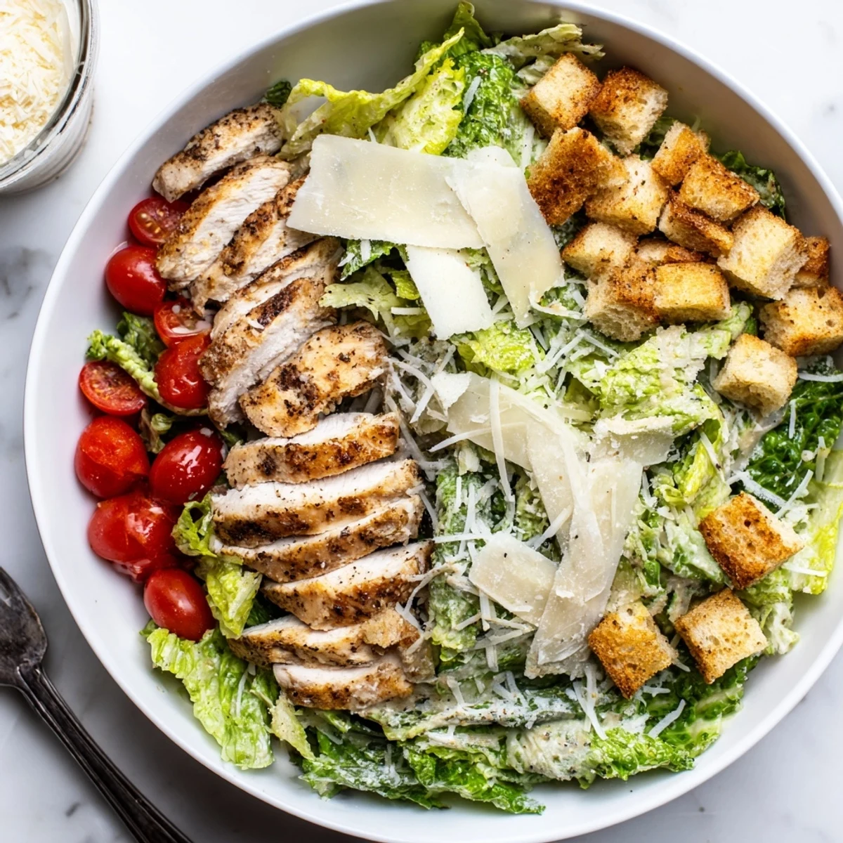 Fresh best chicken Caesar salad with grilled chicken strips, crisp romaine lettuce, golden croutons, and shaved Parmesan cheese drizzled with creamy dressing