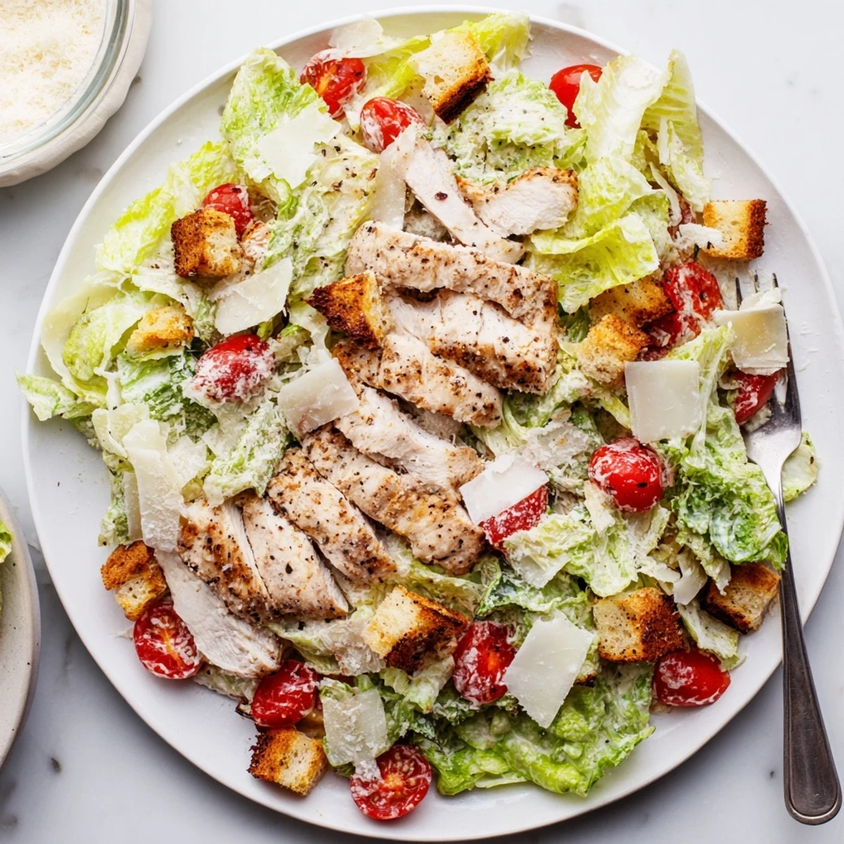 Homemade best chicken Caesar salad featuring juicy grilled chicken, crisp romaine, savory Parmesan, and garlicky croutons in a white ceramic bowl