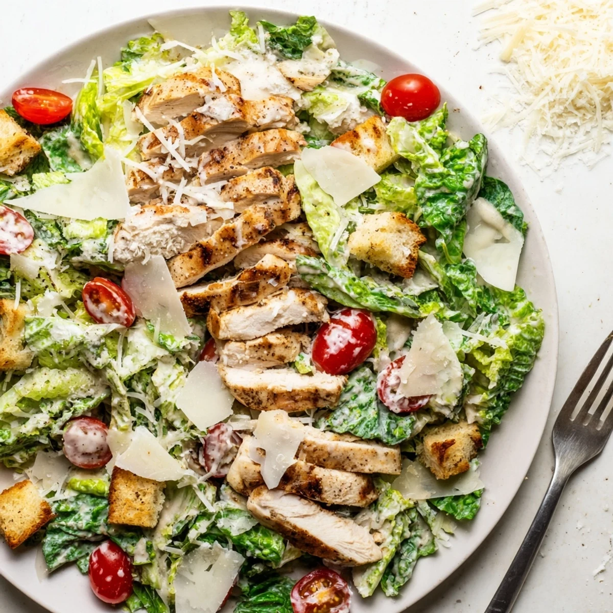Golden grilled chicken breast slices atop a bed of chopped romaine lettuce, cherry tomatoes, and crunchy croutons covered in tangy homemade Caesar dressing