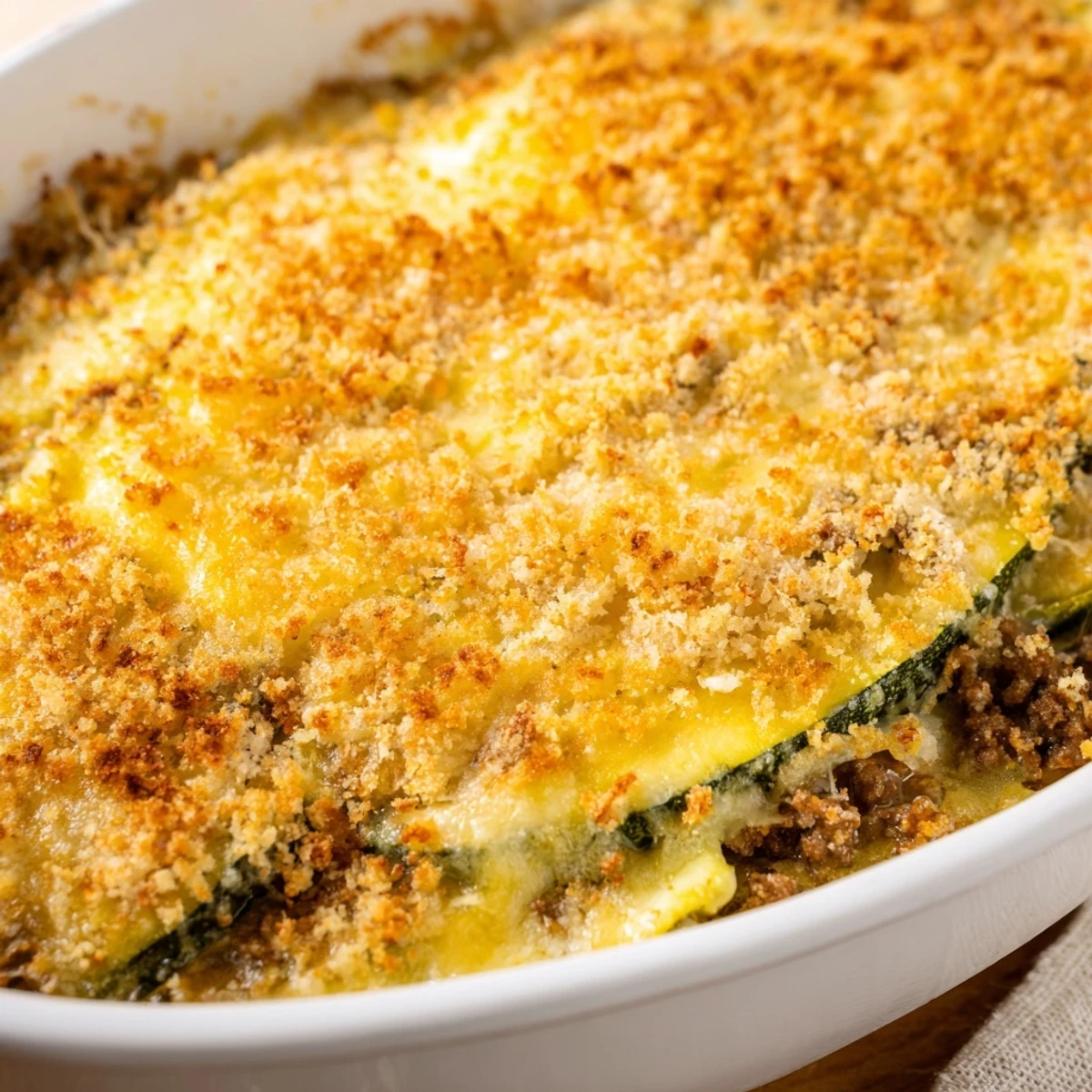 Golden bubbly cheesy beef zucchini casserole fresh from the oven with melted cheddar topping