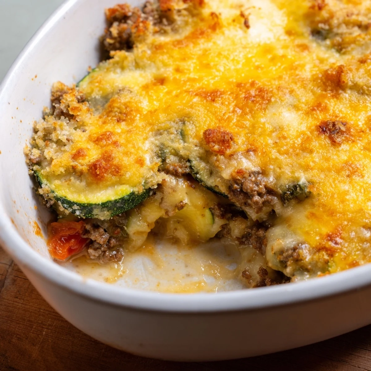 Layers of tender zucchini slices and seasoned ground beef baked under a crispy breadcrumb crust