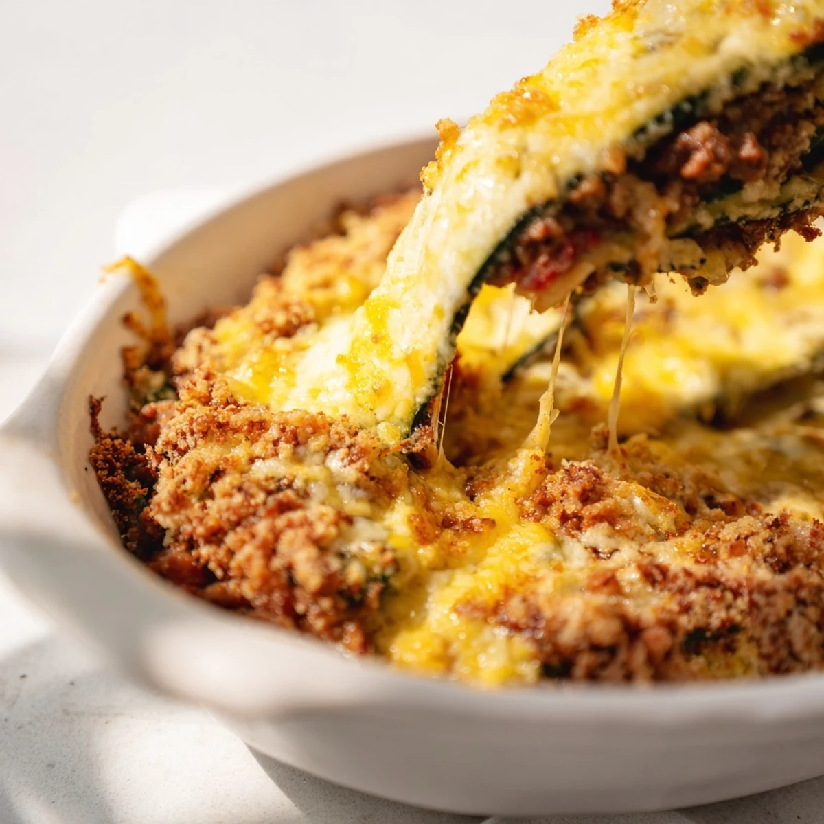 Hearty cheesy beef zucchini casserole served in a square dish with steam rising from top
