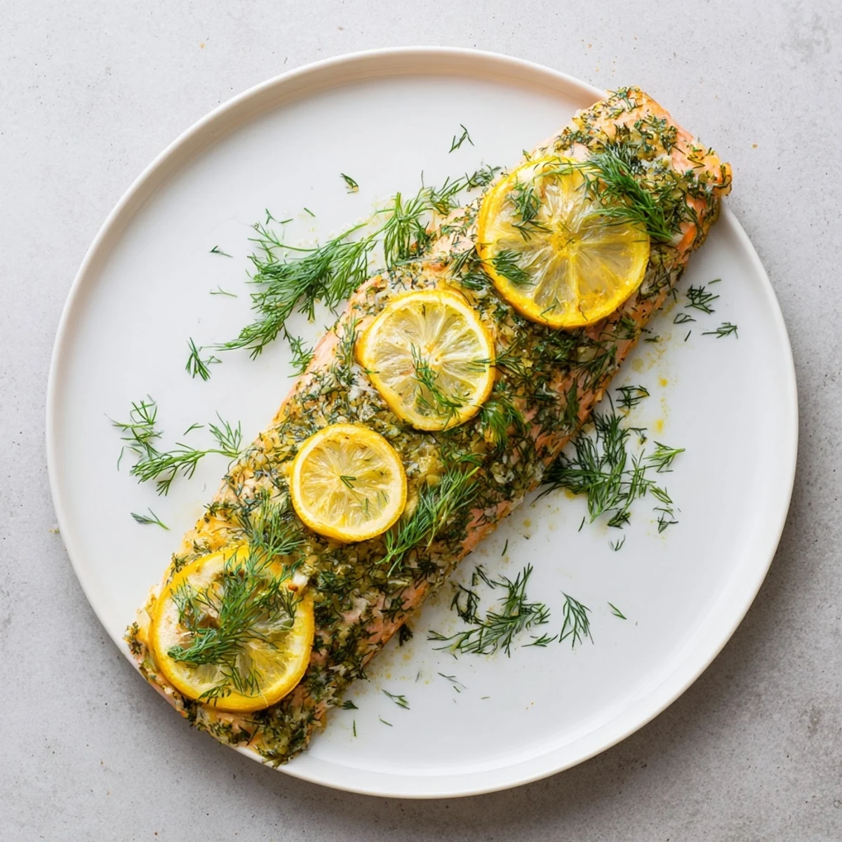 Golden baked salmon fillet topped with fresh dill and bright lemon slices on a white plate