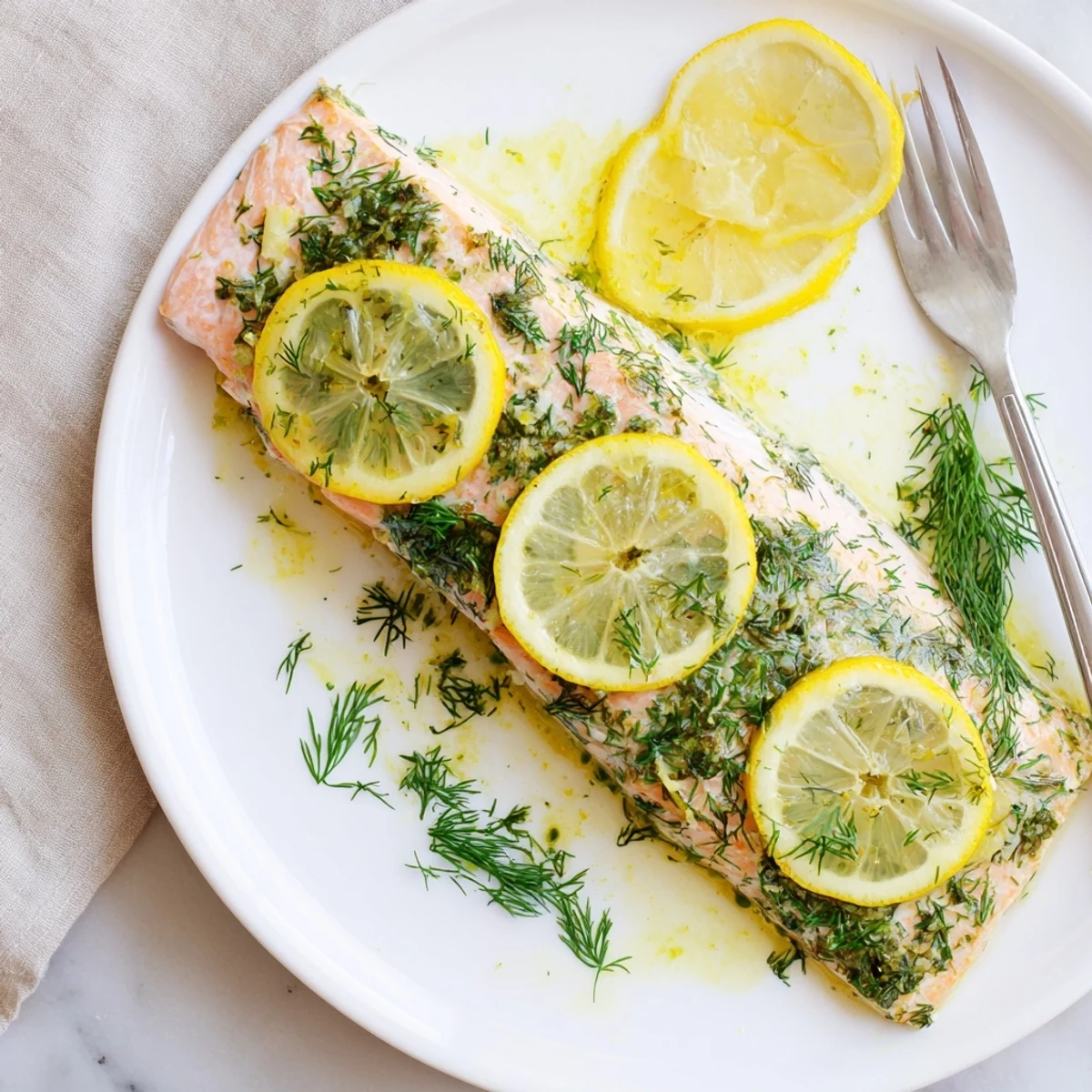Perfectly cooked dill and lemon baked salmon garnished with herbs and lemon wedges