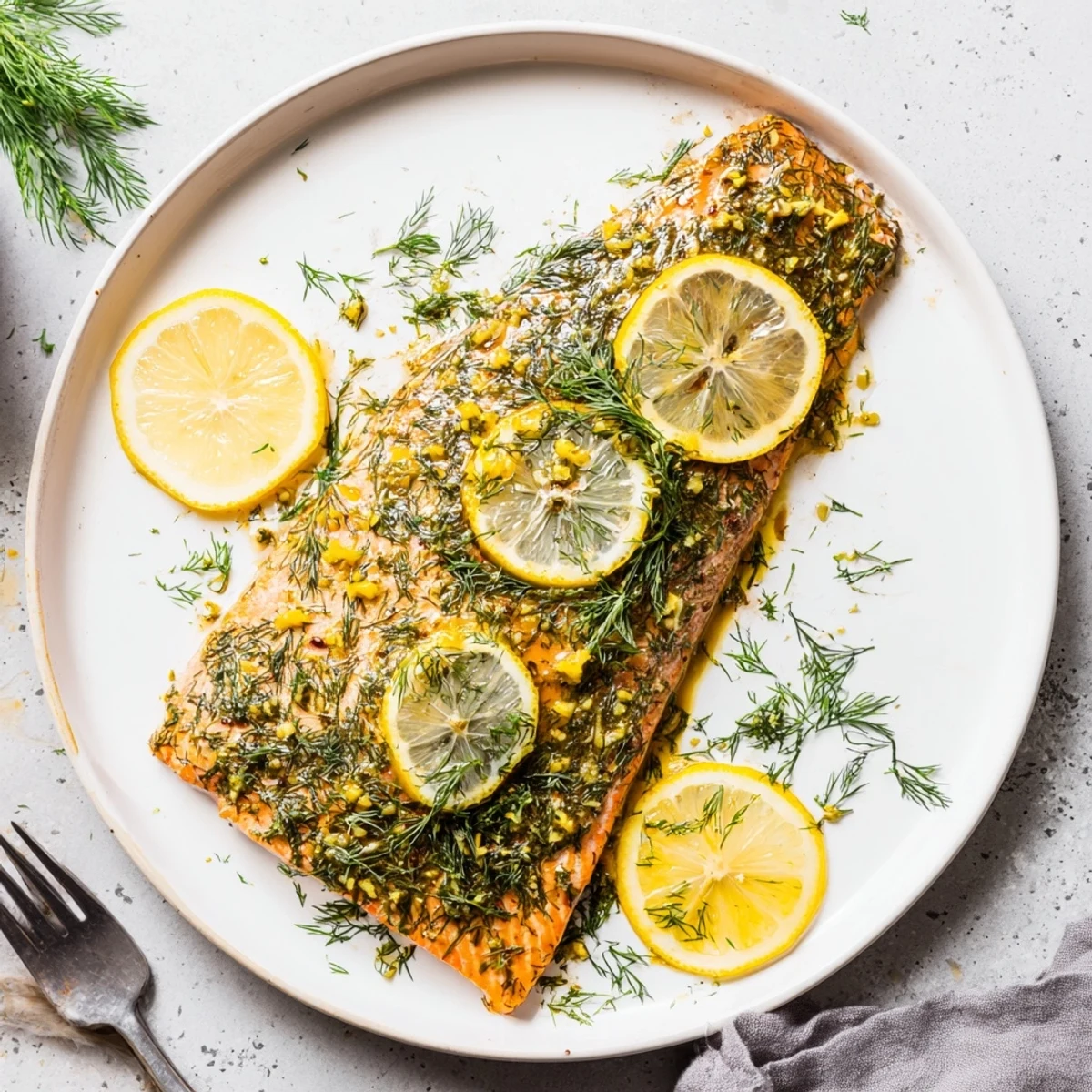 Flaky dill and lemon baked salmon served with roasted vegetables for a healthy weeknight dinner