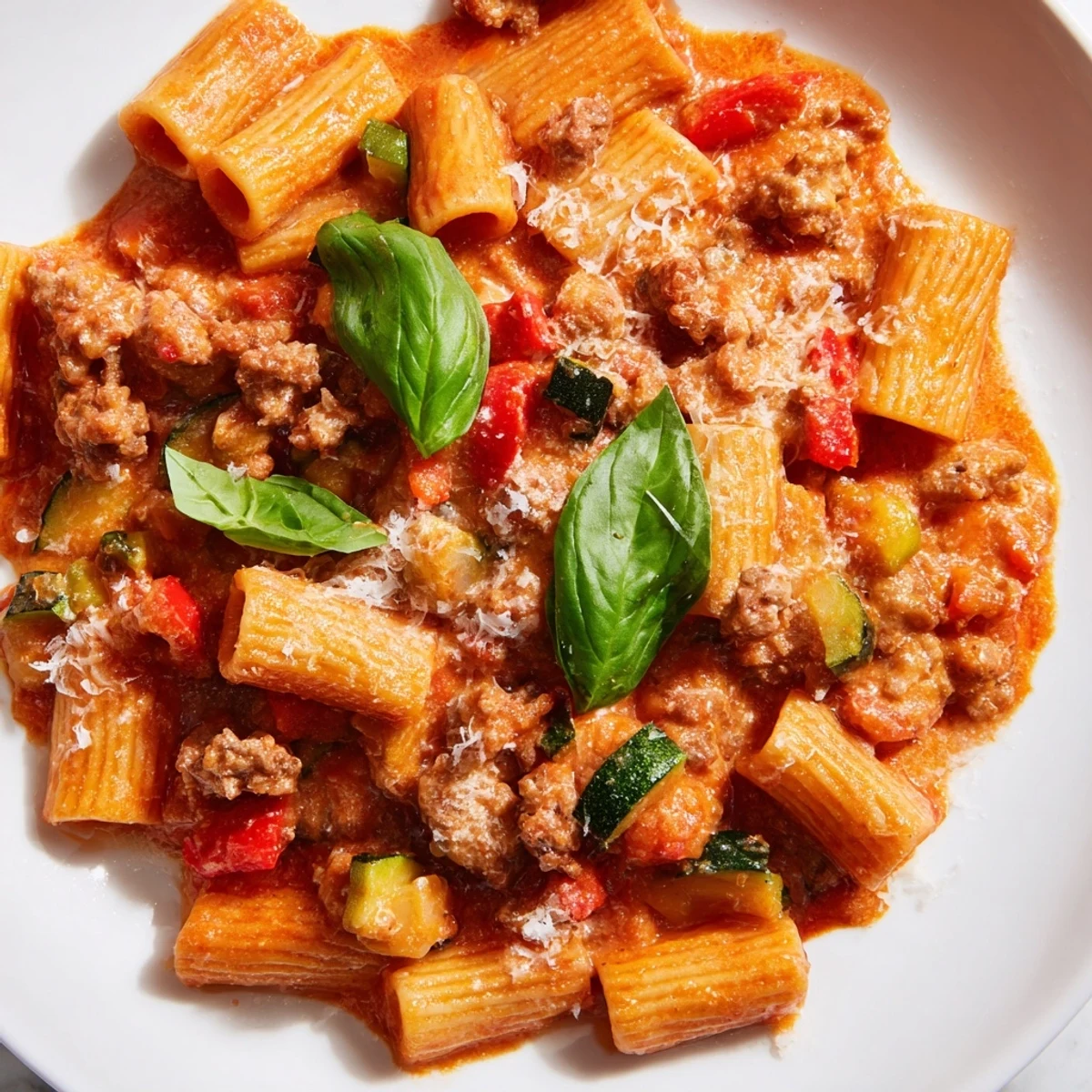One pot sausage pasta simmering in a rich tomato sauce with colorful vegetables and melted Parmesan