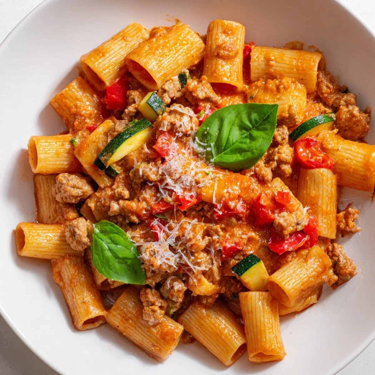 Creamy one pot sausage pasta featuring tender penne, crumbled Italian sausage, and fresh basil garnish