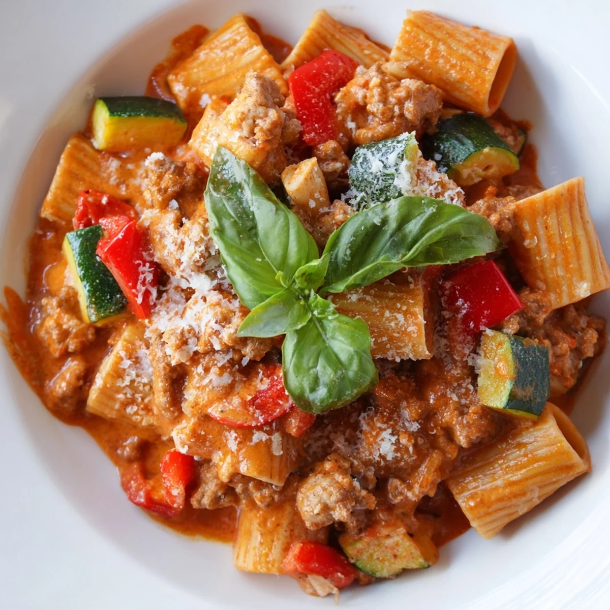 Hearty one pot sausage pasta dish with juicy sausage bites, zucchini, and bell peppers in red sauce