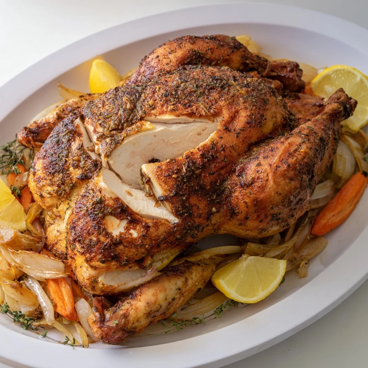 Golden brown roast garlic and lemon chicken with crispy glistening skin on a roasting platter