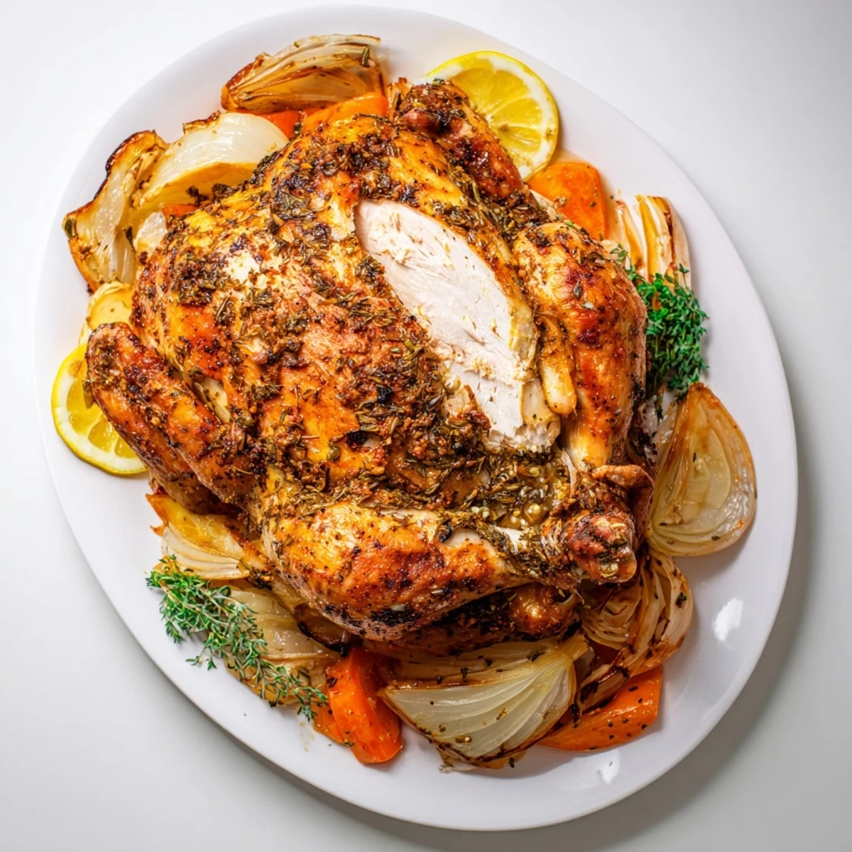 Whole roasted chicken seasoned with garlic lemon and herbs surrounded by caramelized roasted vegetables