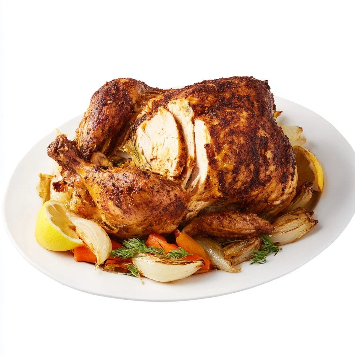 Succulent Mediterranean roast garlic and lemon chicken carved into juicy slices with fresh herb garnish