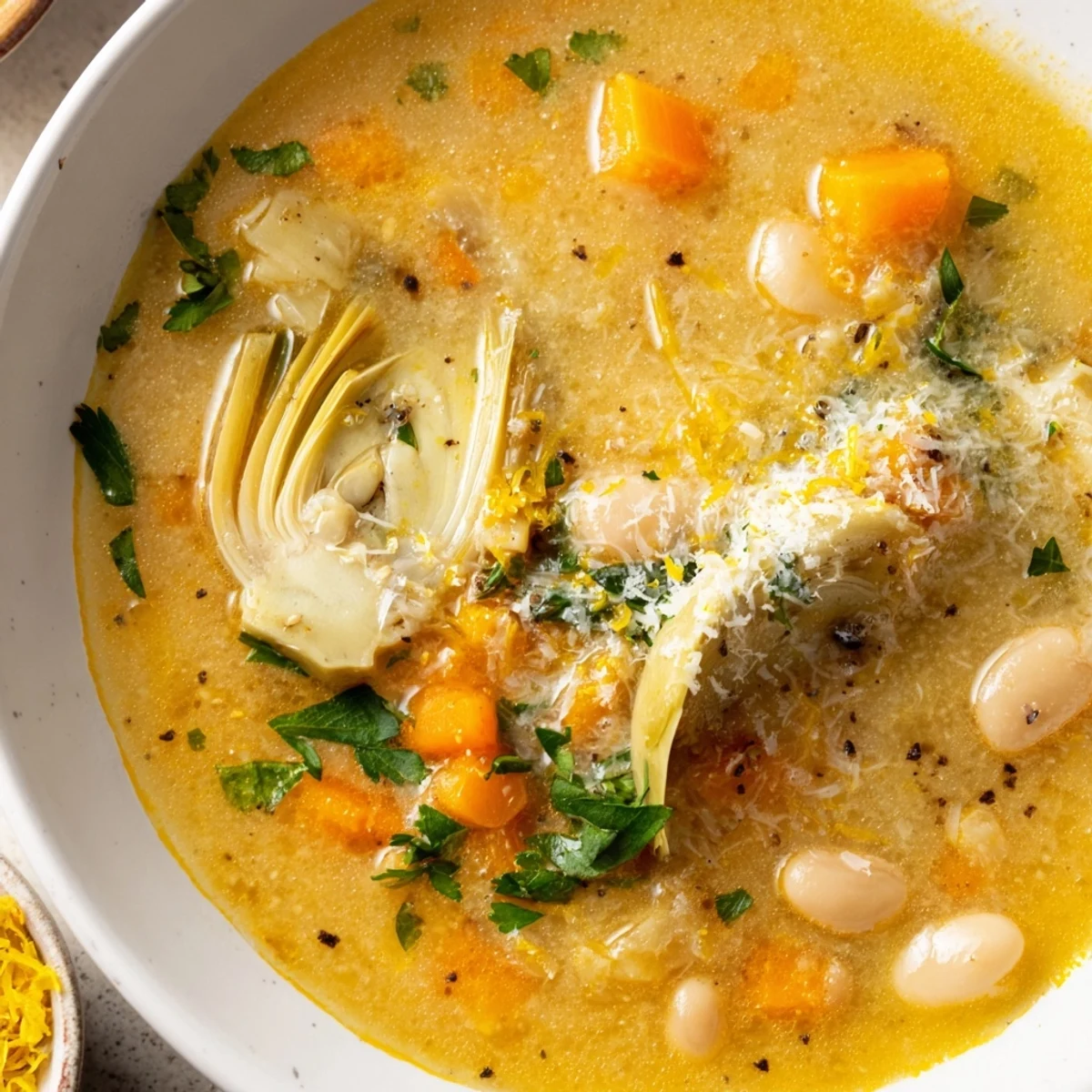 Creamy Lemony Tuscan Artichoke Soup garnished with fresh parsley and lemon wedges in a white bowl