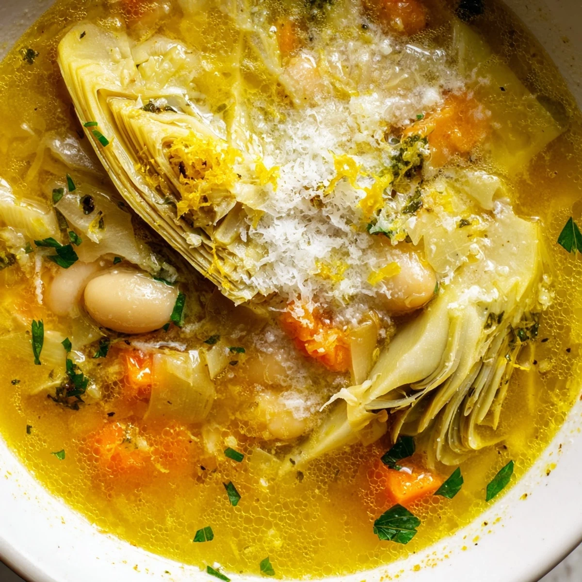 Rustic bowl of Tuscan artichoke soup featuring tender beans and vibrant herbs with a zesty lemon finish