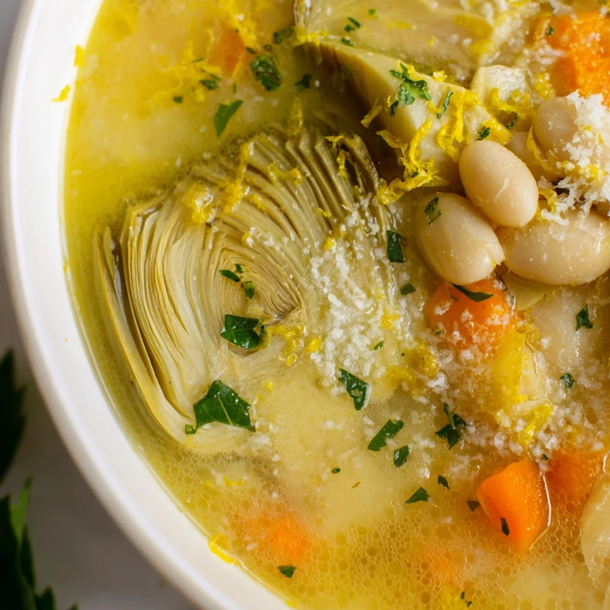 Steaming hot Italian artichoke soup with cannellini beans and artichoke hearts, topped with Parmesan cheese and parsley