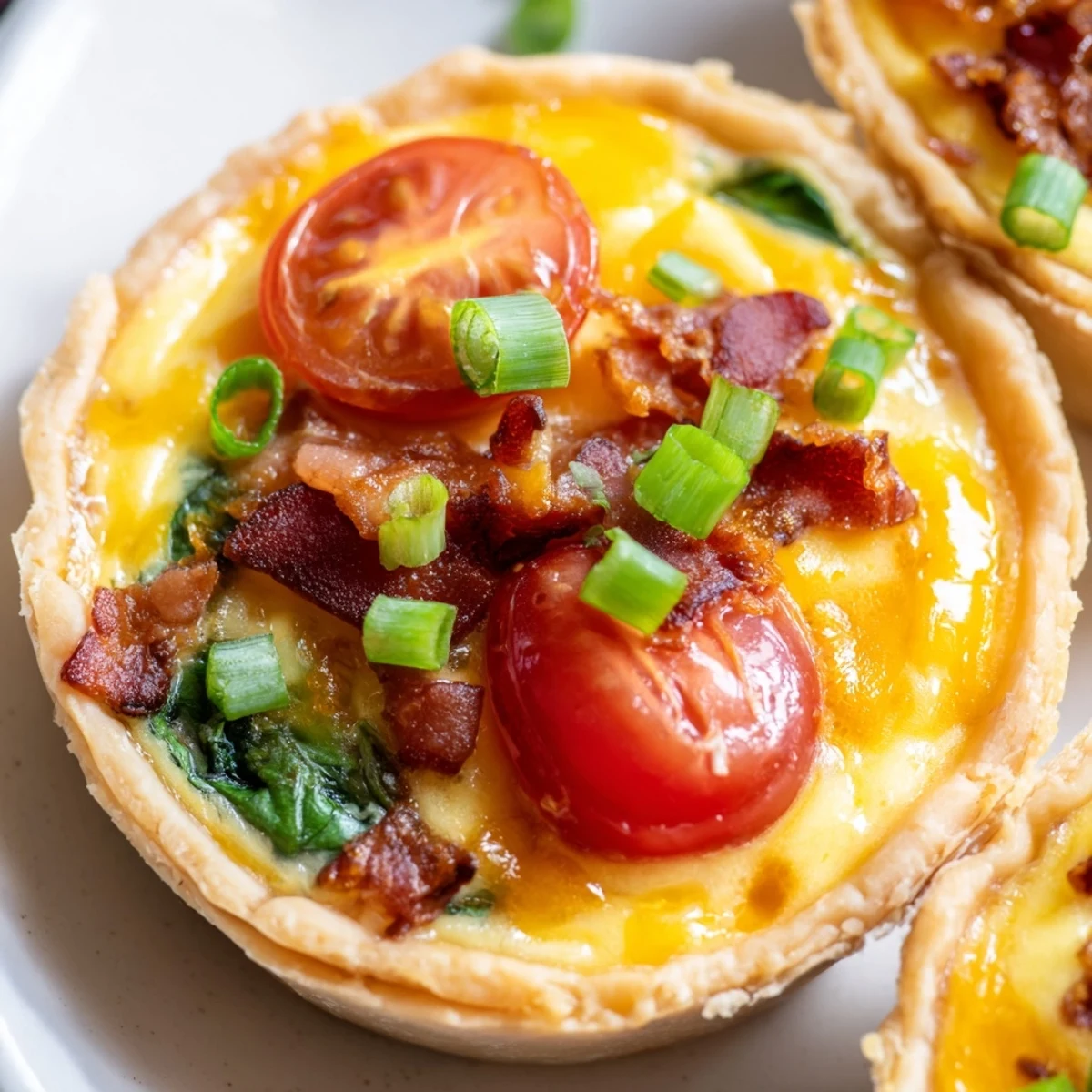 Golden flaky family breakfast tart topped with bacon eggs cherry tomatoes and melted cheddar