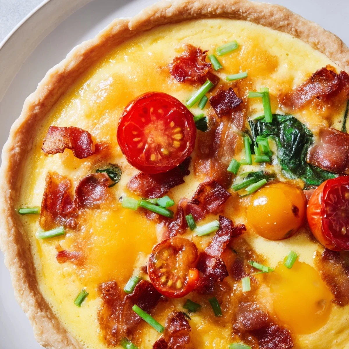 Savory family breakfast tart with crispy bacon fresh vegetables and creamy egg filling