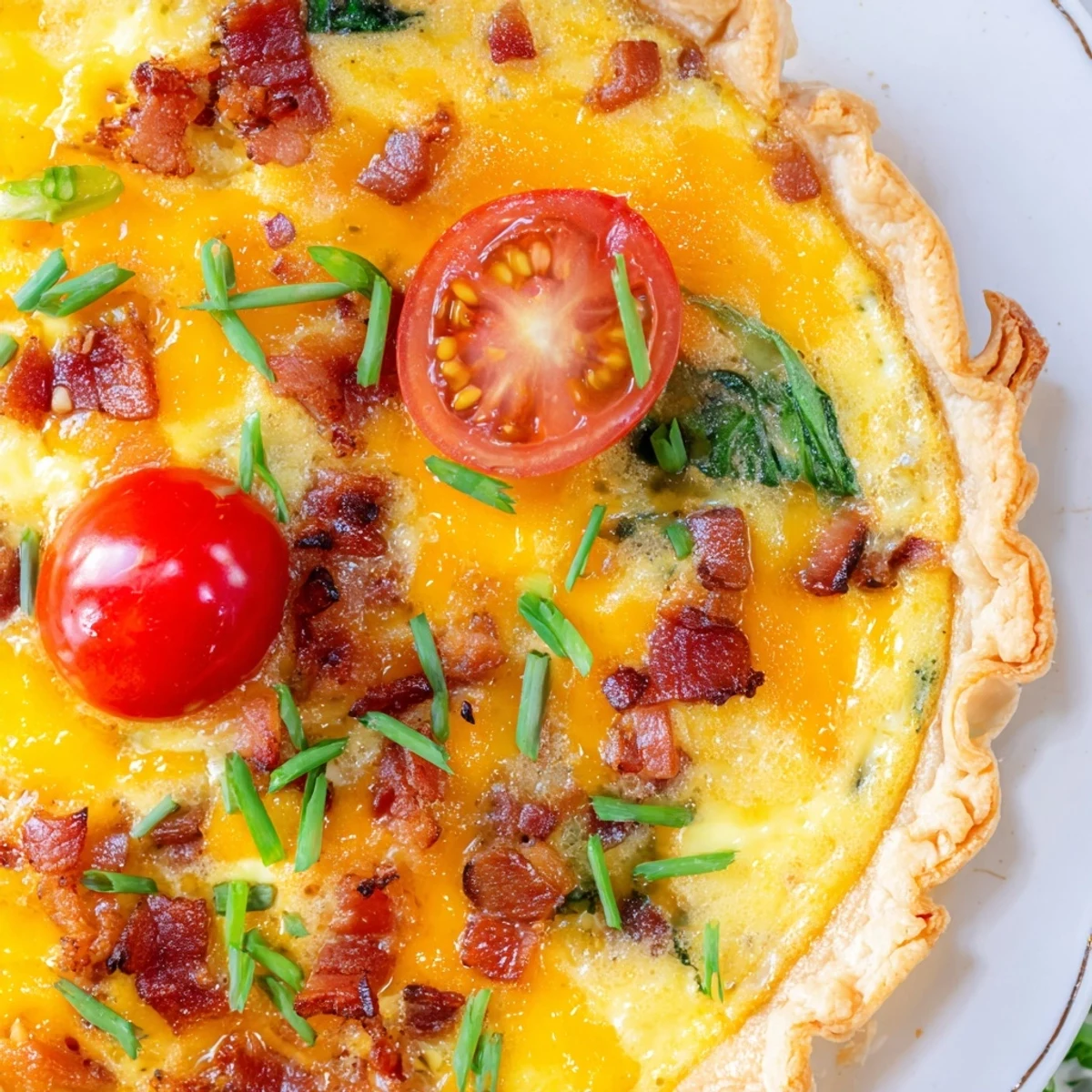 Sliced family breakfast tart featuring golden puff pastry loaded with eggs bacon and cheese