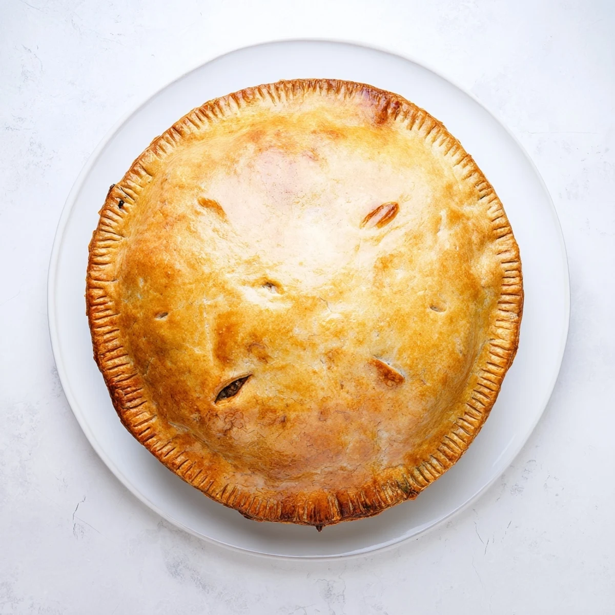 Golden rustic chicken ricotta and herb pie with flaky pastry crust on wooden board
