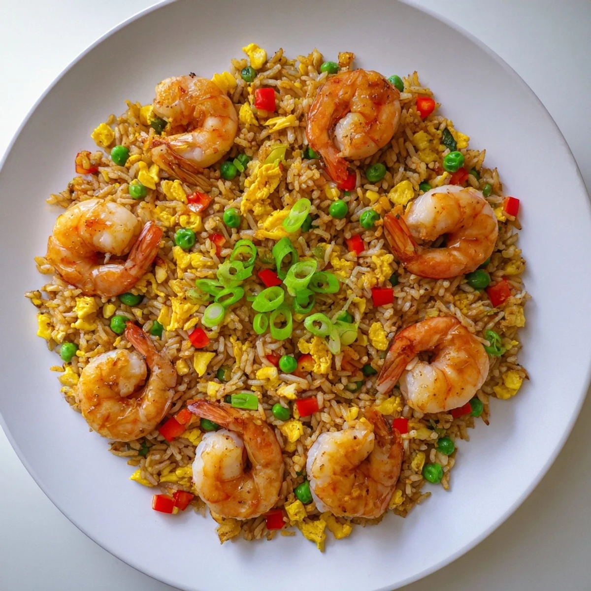 Golden garlic prawns nestled atop vibrant sweet chilli fried rice with colorful vegetables