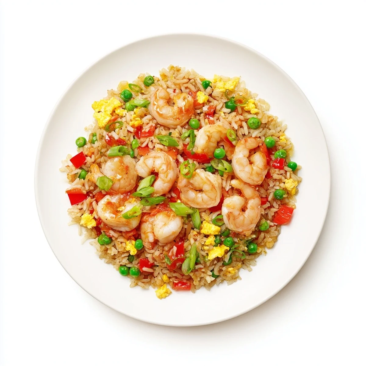 Juicy garlic prawns plated on vegetable fried rice drizzled with sweet chilli sauce