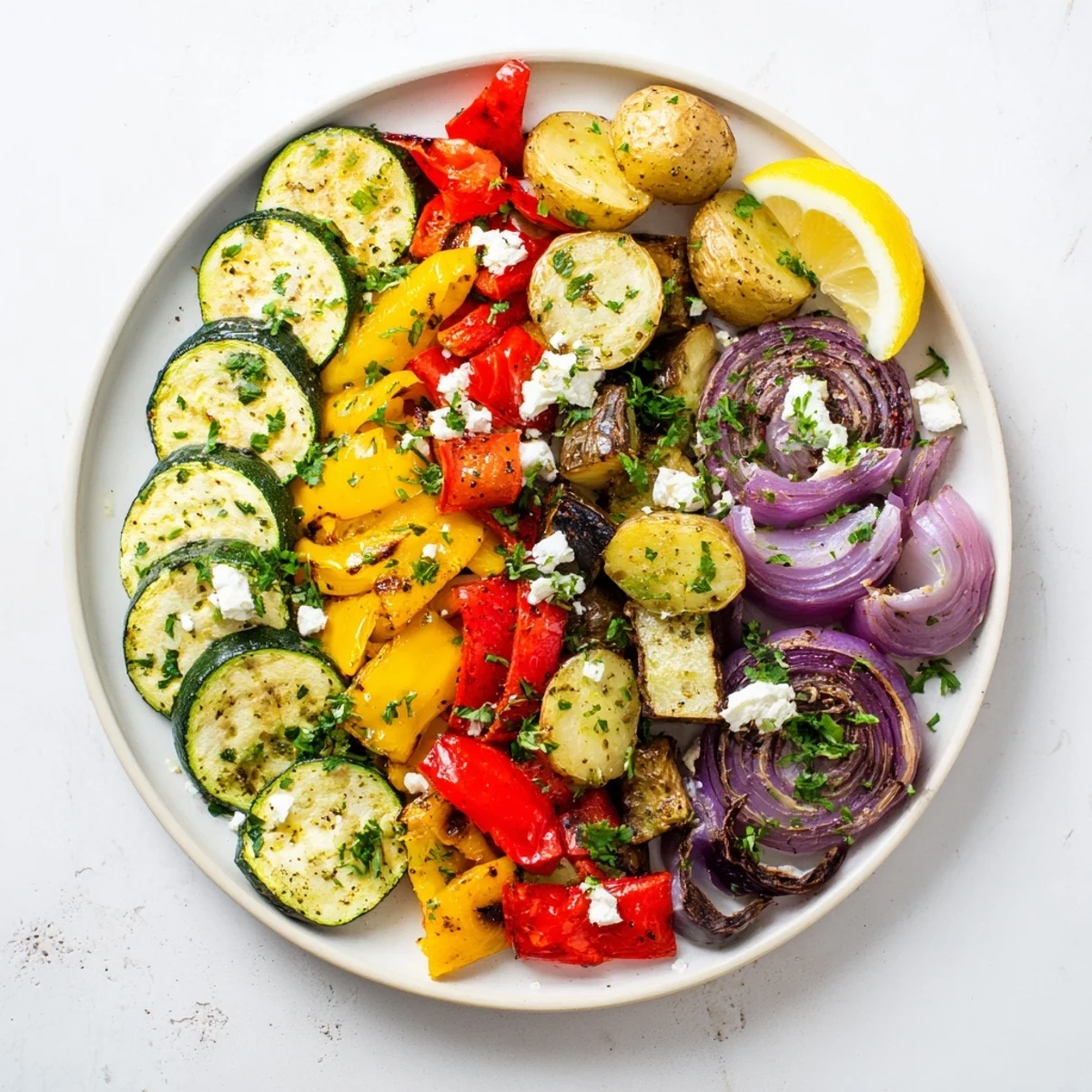 Golden roasted Mediterranean vegetables arranged on a baking sheet with olive oil and herbs