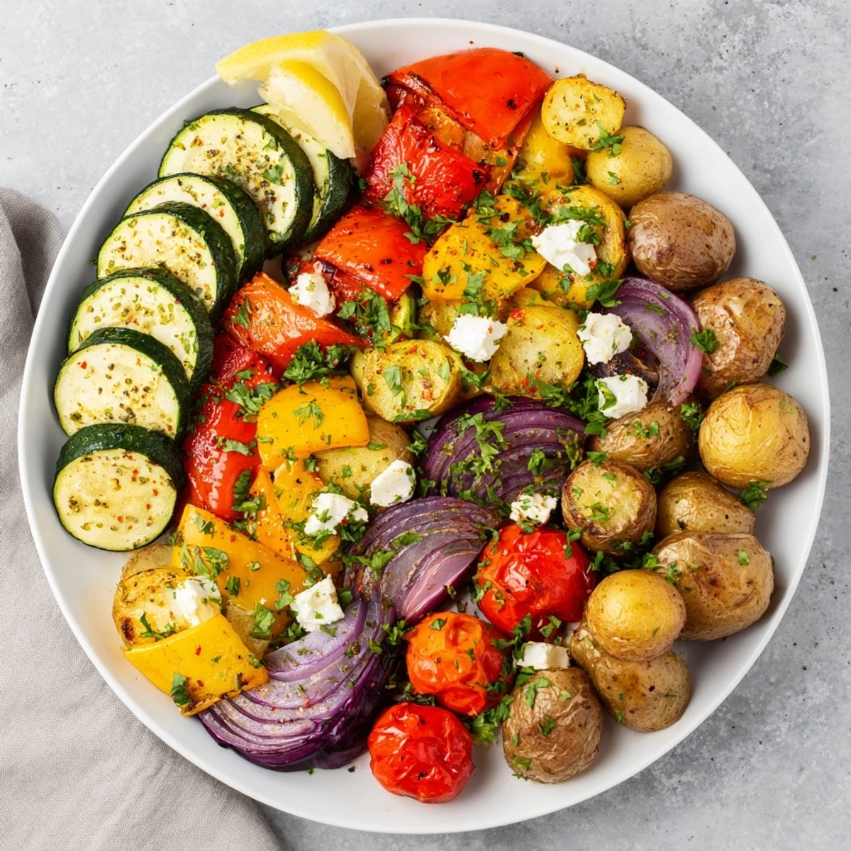 Tender roasted Greek vegetable medley sprinkled with crumbled feta cheese and fresh herbs