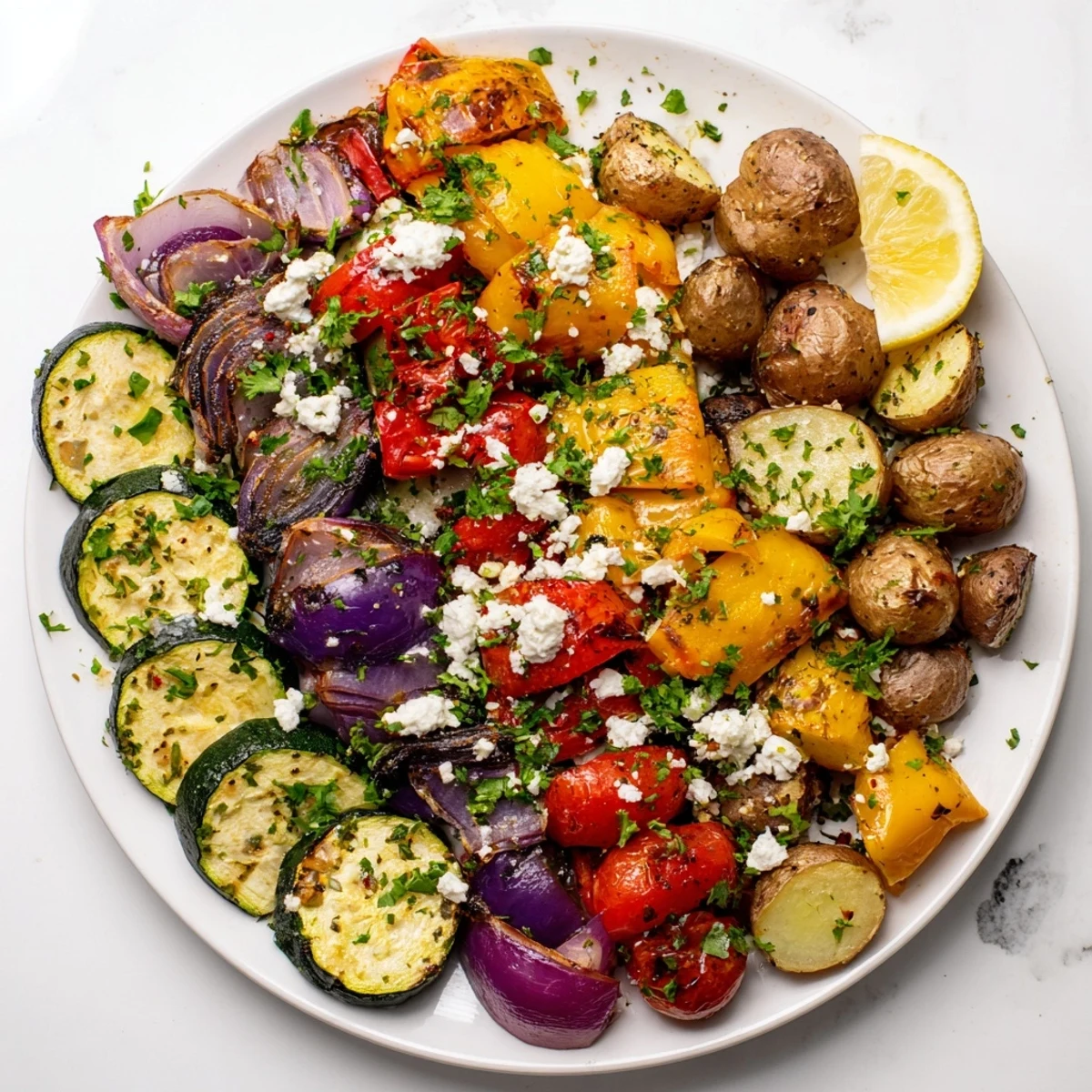 Colorful one pan Greek vegetables featuring zucchini, peppers, eggplant, and cherry tomatoes garnished with parsley
