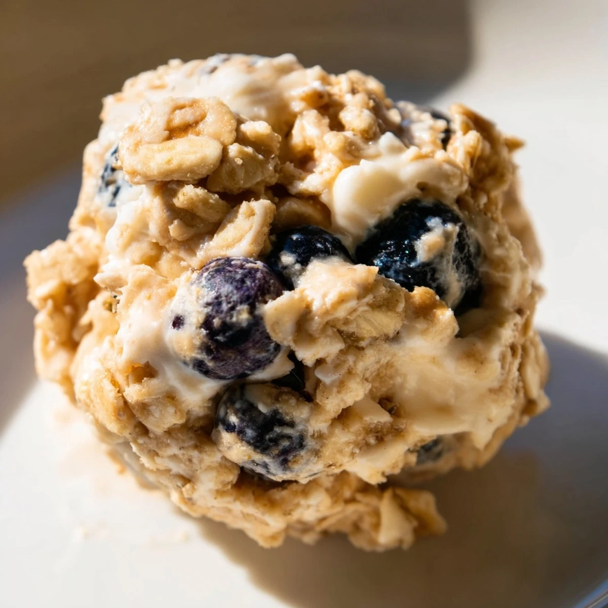 Close-up of creamy blueberry cheesecake protein balls rolled in oats with purple berry streaks
