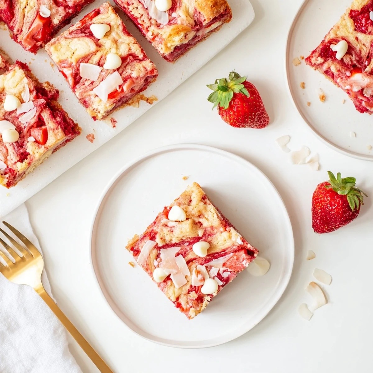 Decadent strawberry earthquake cake with creamy cheesecake swirls and fresh berry chunks