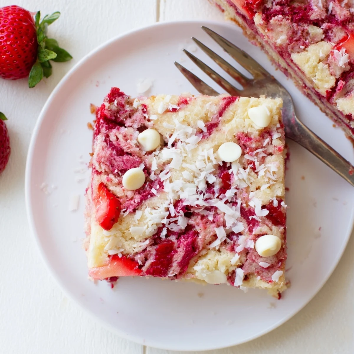 Warm strawberry earthquake cake slice featuring marbled cheesecake and white chocolate chips