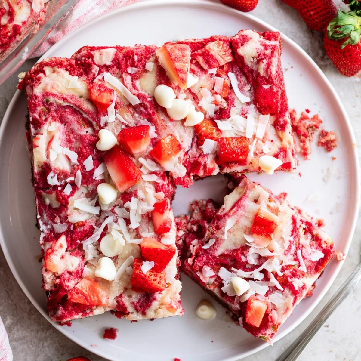 Gooey strawberry earthquake cake topped with diced strawberries and sweet coconut flakes