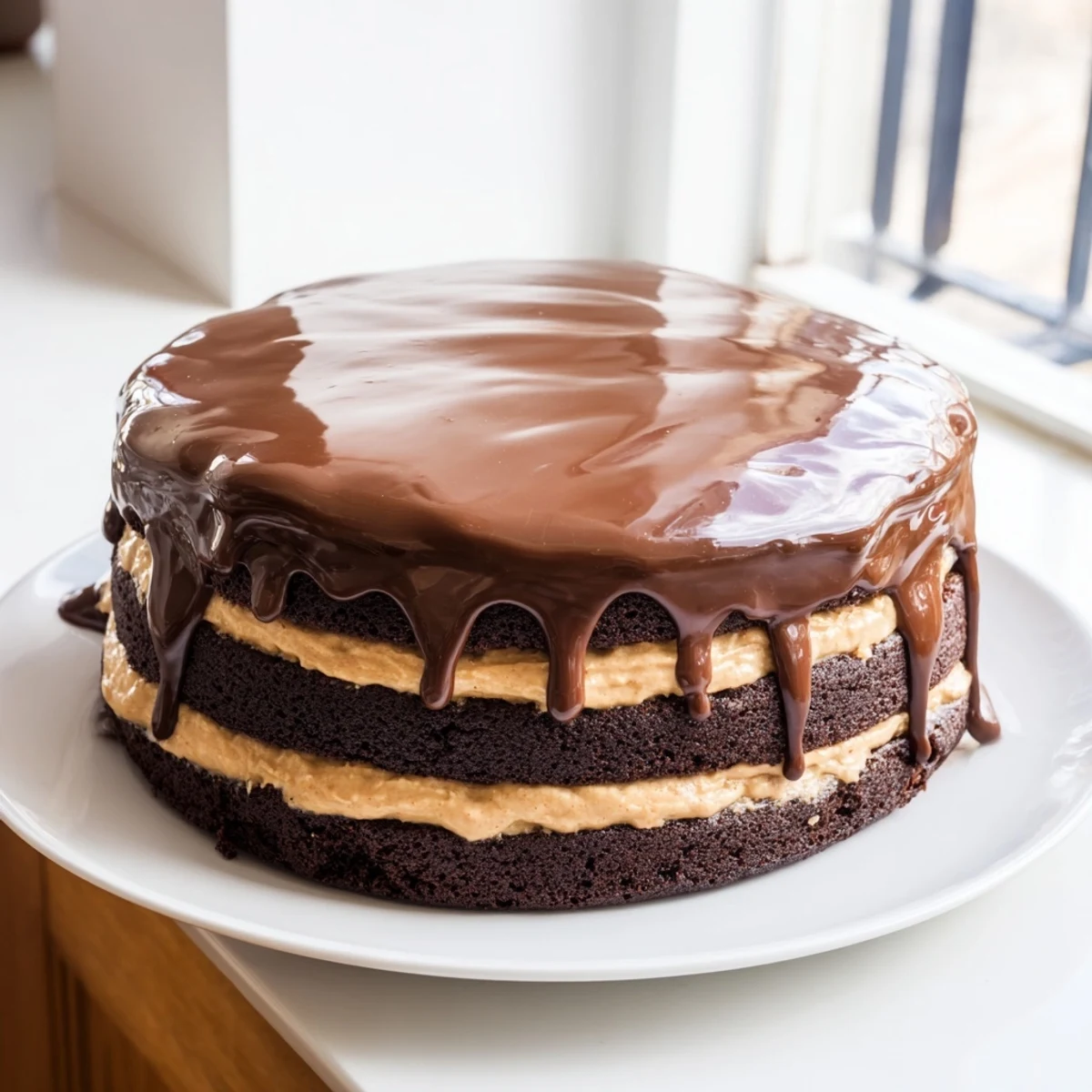 Decadent triple Matilda chocolate cake with three rich layers and glossy ganache dripping down sides