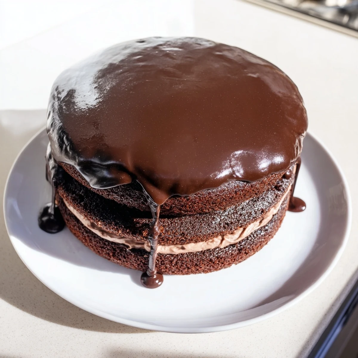 Three-layer chocolate cake inspired by Matilda movie, frosted with creamy chocolate buttercream and shiny ganache