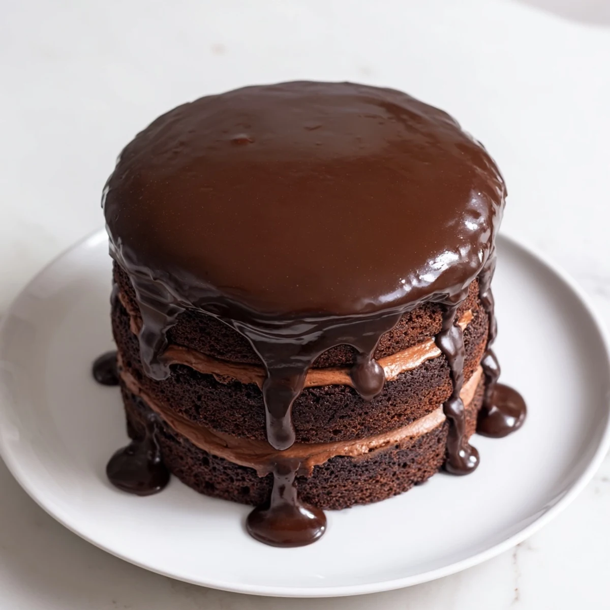 Slice of triple Matilda chocolate cake showing moist chocolate sponge between thick frosting layers