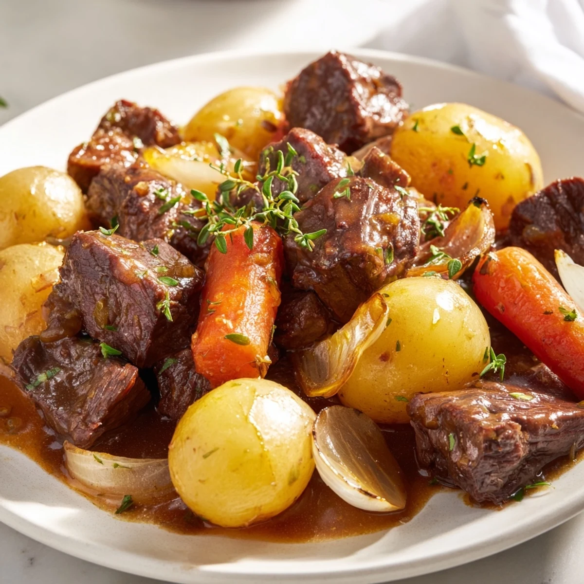 Golden chunks of beef and baby potatoes nestled in a rich garlic butter sauce