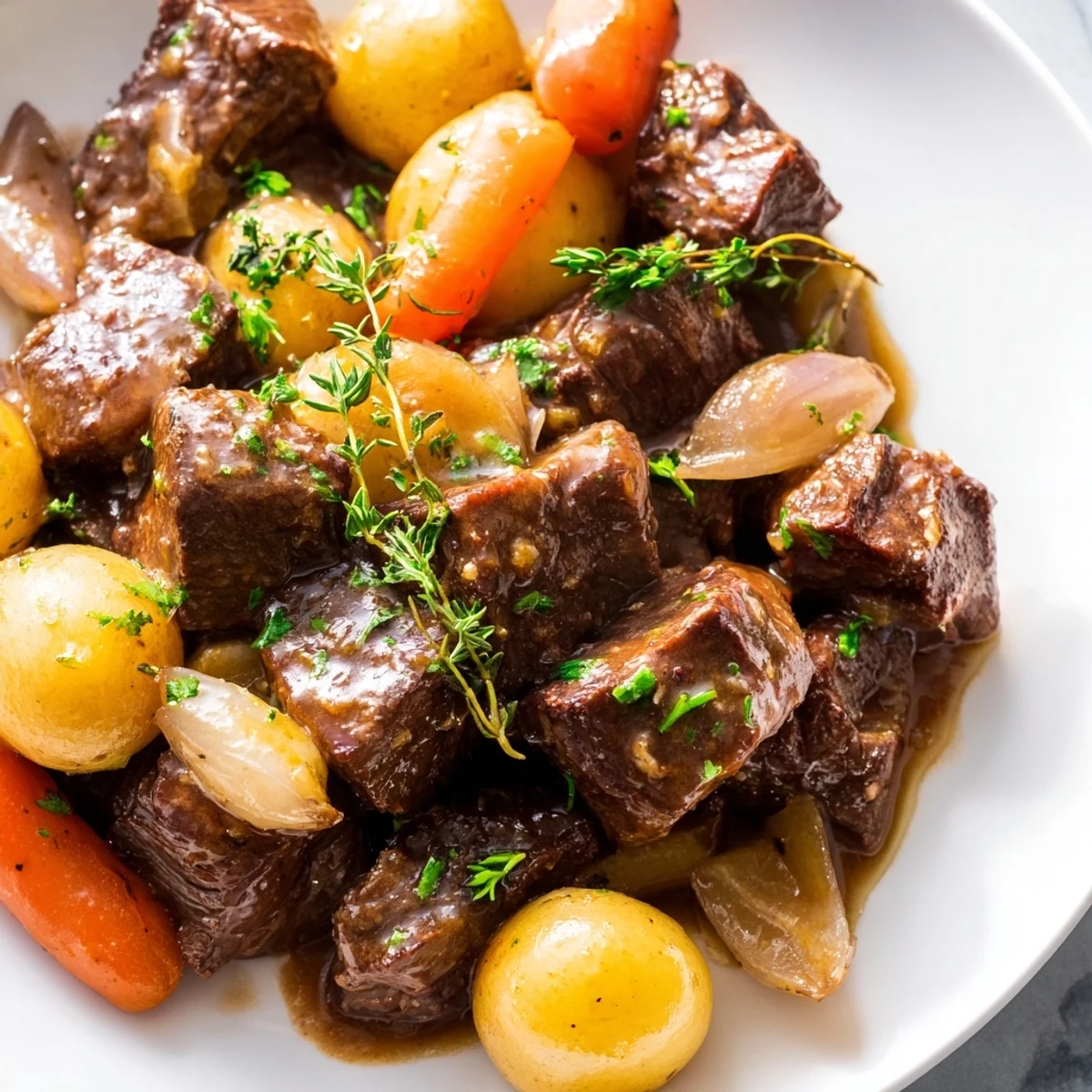 Tender fork-tender beef roast with creamy potatoes coated in herb-infused garlic butter glaze