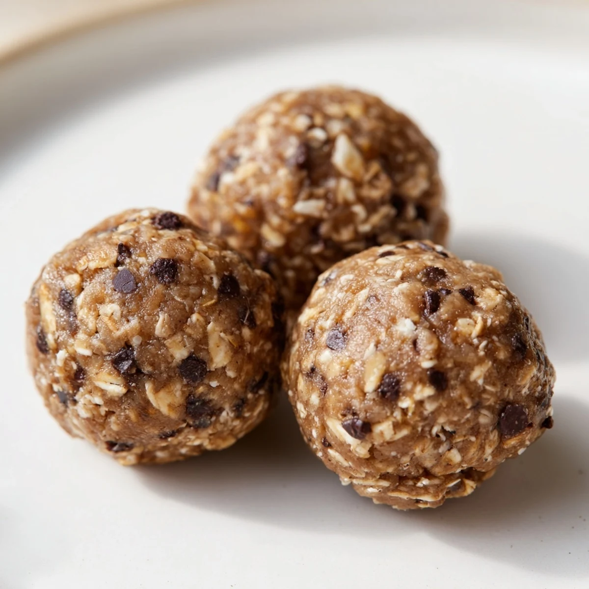Plate of refreshing mint chocolate chip protein balls garnished with extra chocolate chips on a clean white surface