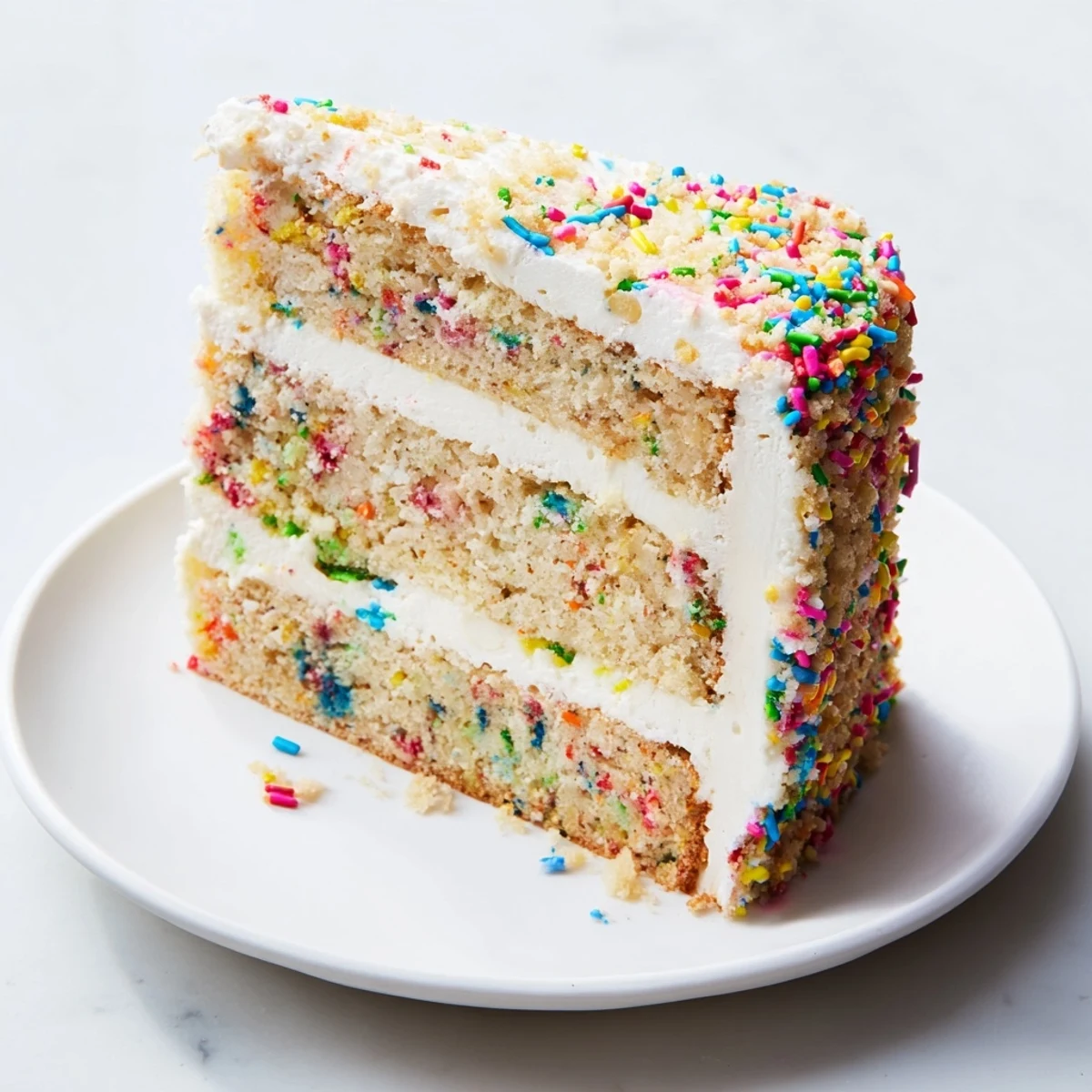 Milk Bar birthday cake slice revealing rainbow sprinkles embedded in moist vanilla layers with white buttercream frosting