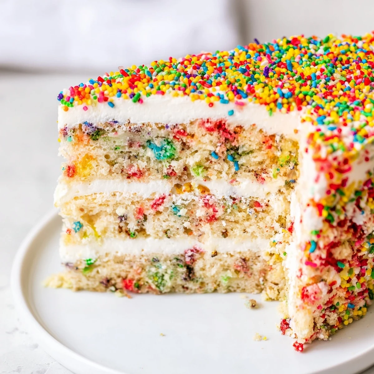 Tall stacked Milk Bar birthday cake topped with crunchy colorful crumbs and creamy frosting between golden sponge