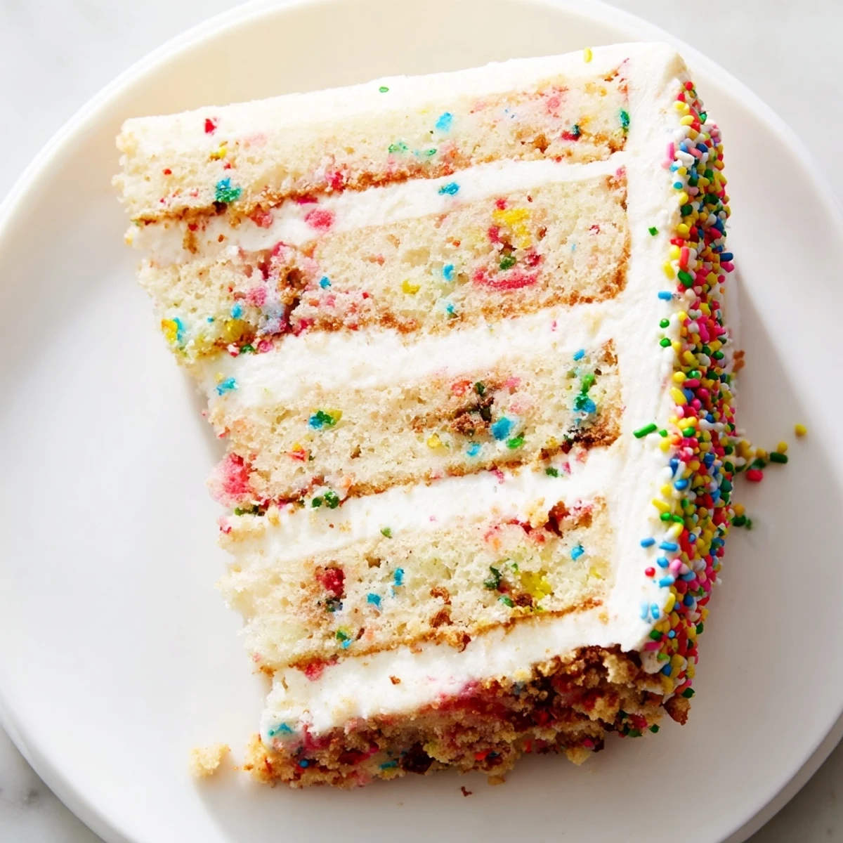 Six-inch Milk Bar birthday cake on white plate showcasing speckled funfetti interior with sweet vanilla soak