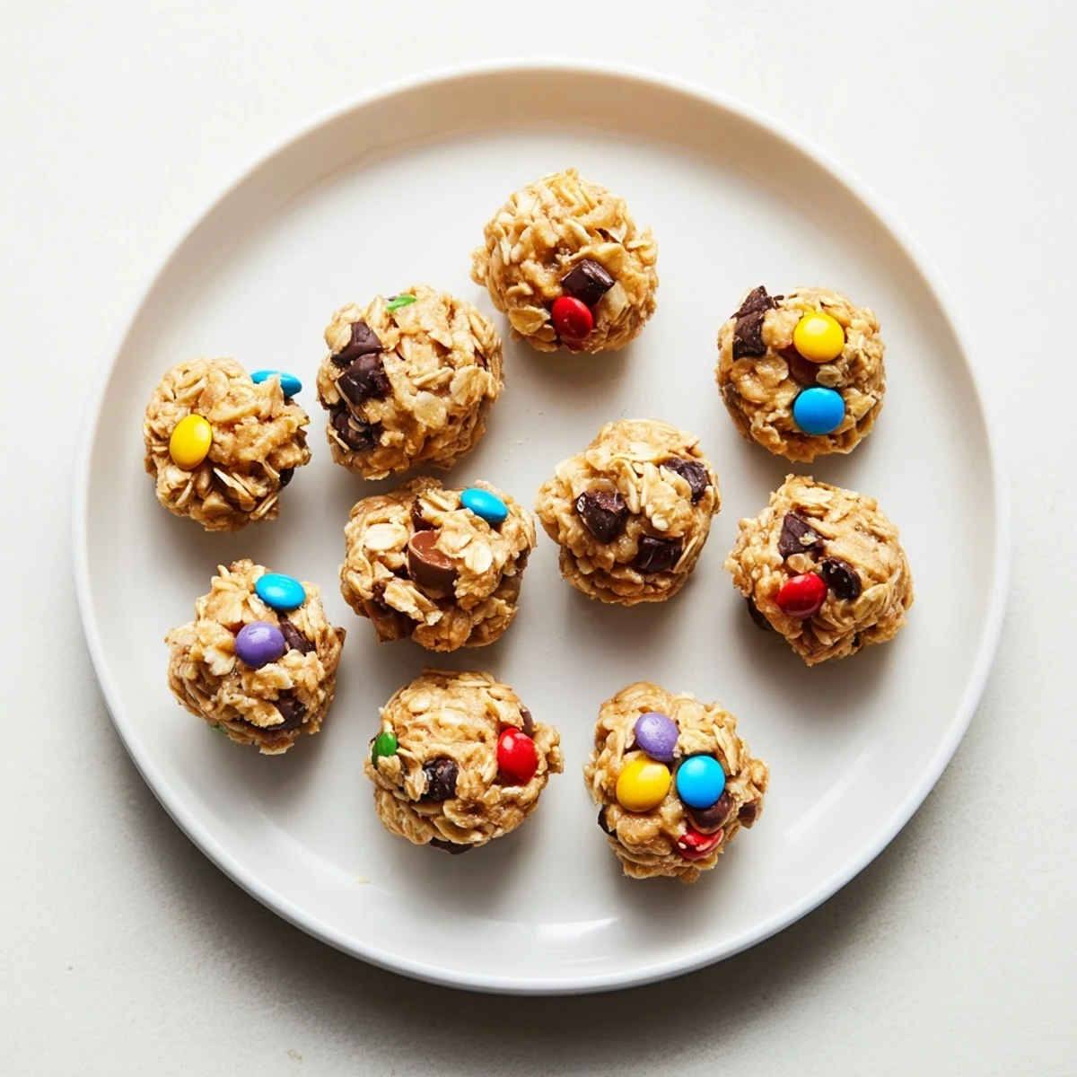 Chewy monster cookie protein balls studded with colorful M&Ms and rich chocolate chips on a white plate
