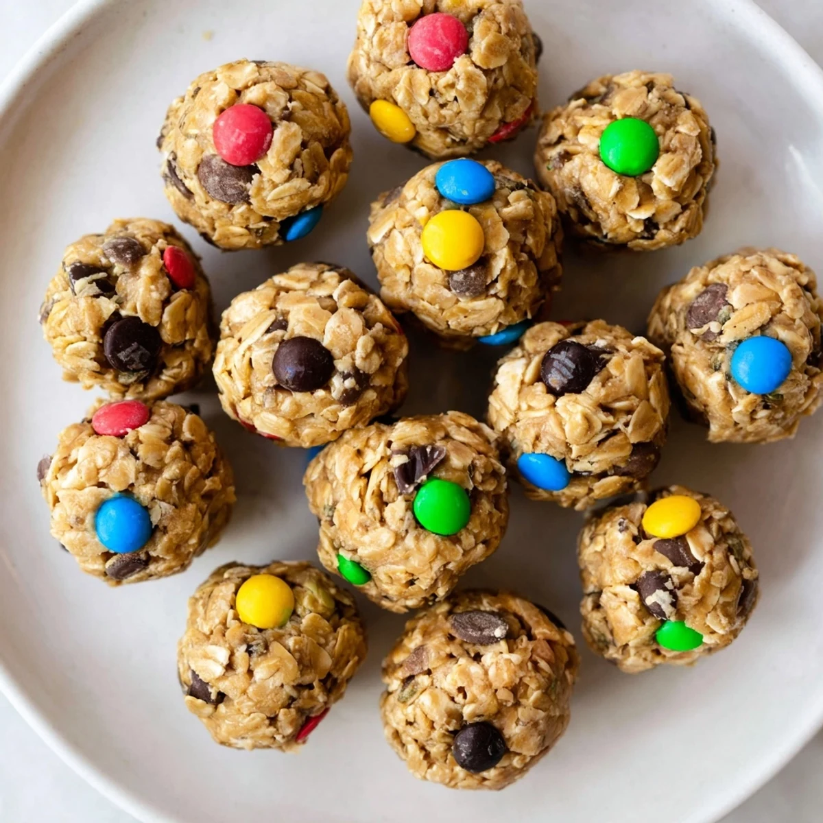 No-bake monster cookie protein balls featuring peanut butter, oats, and candy-coated chocolates ready for snacking