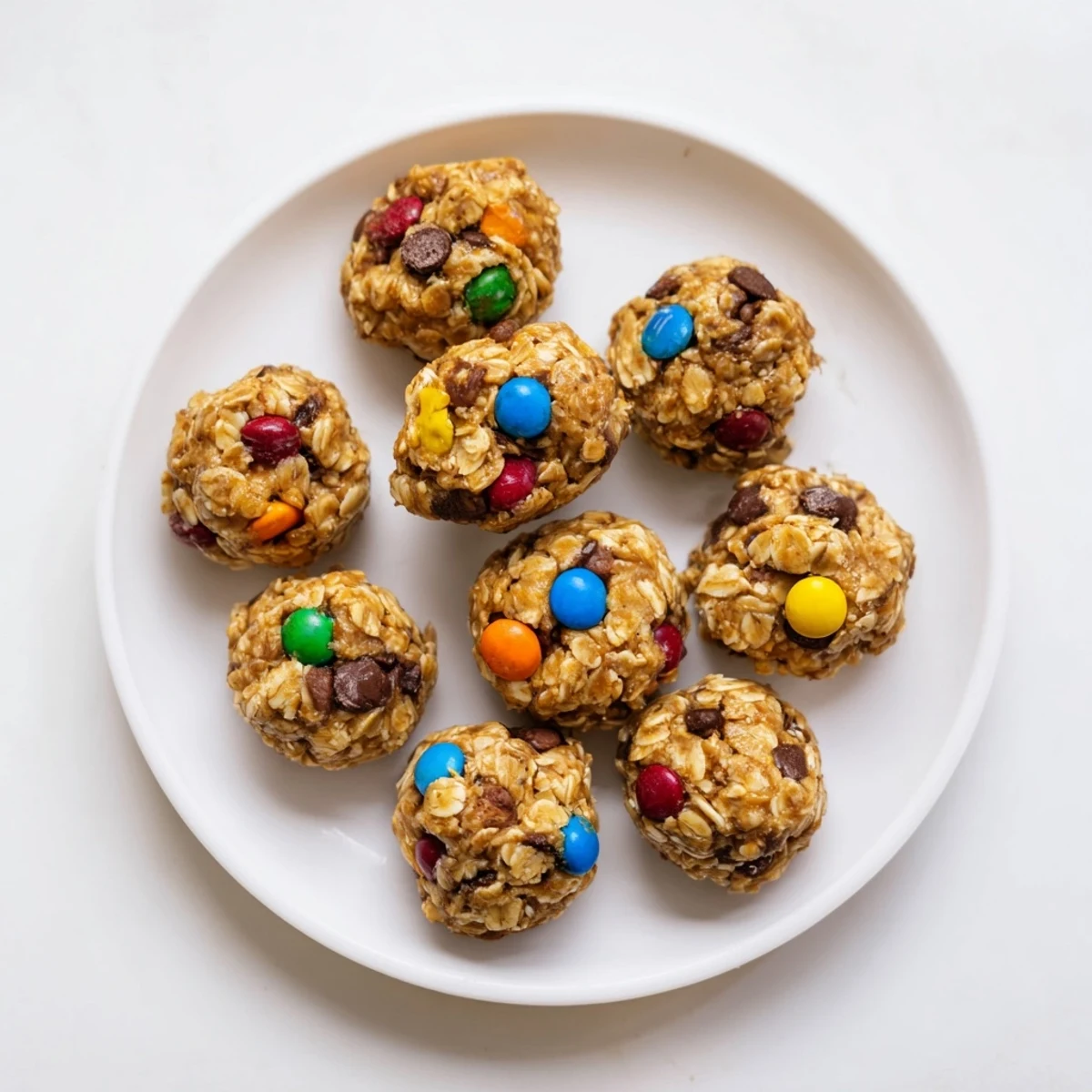 Bite-sized monster cookie protein balls stacked high showcasing rainbow candy pieces and melted chocolate morsels