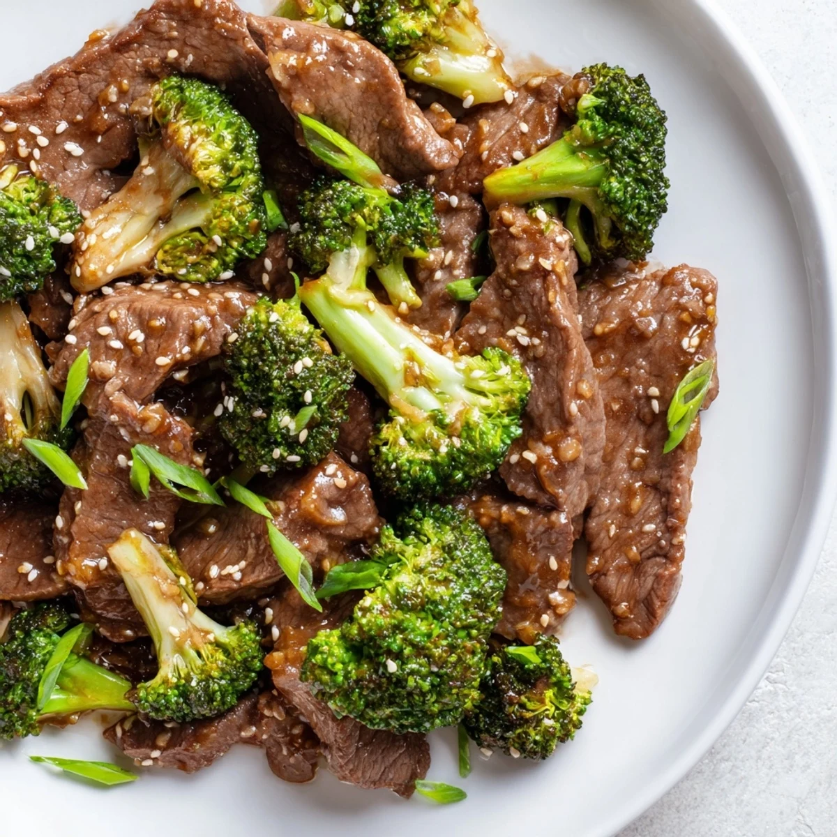 Sliced flank steak stir-fried with crisp broccoli florets coated in rich garlicky sauce
