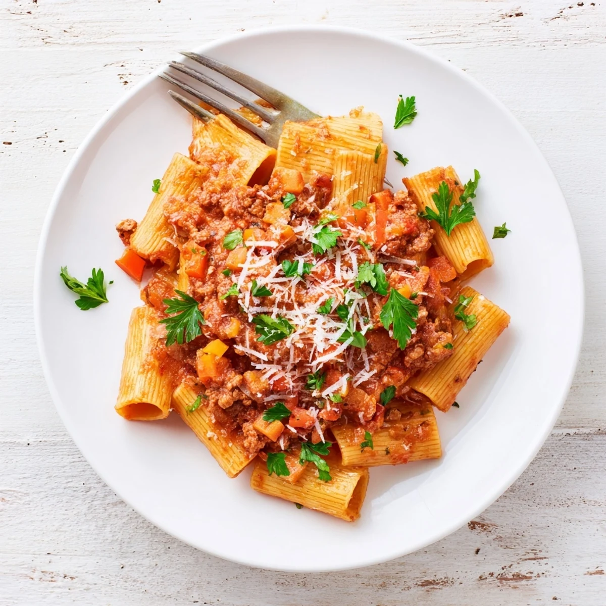 Hearty Turkey Bolognese sauce smothered over spaghetti with fresh basil garnish