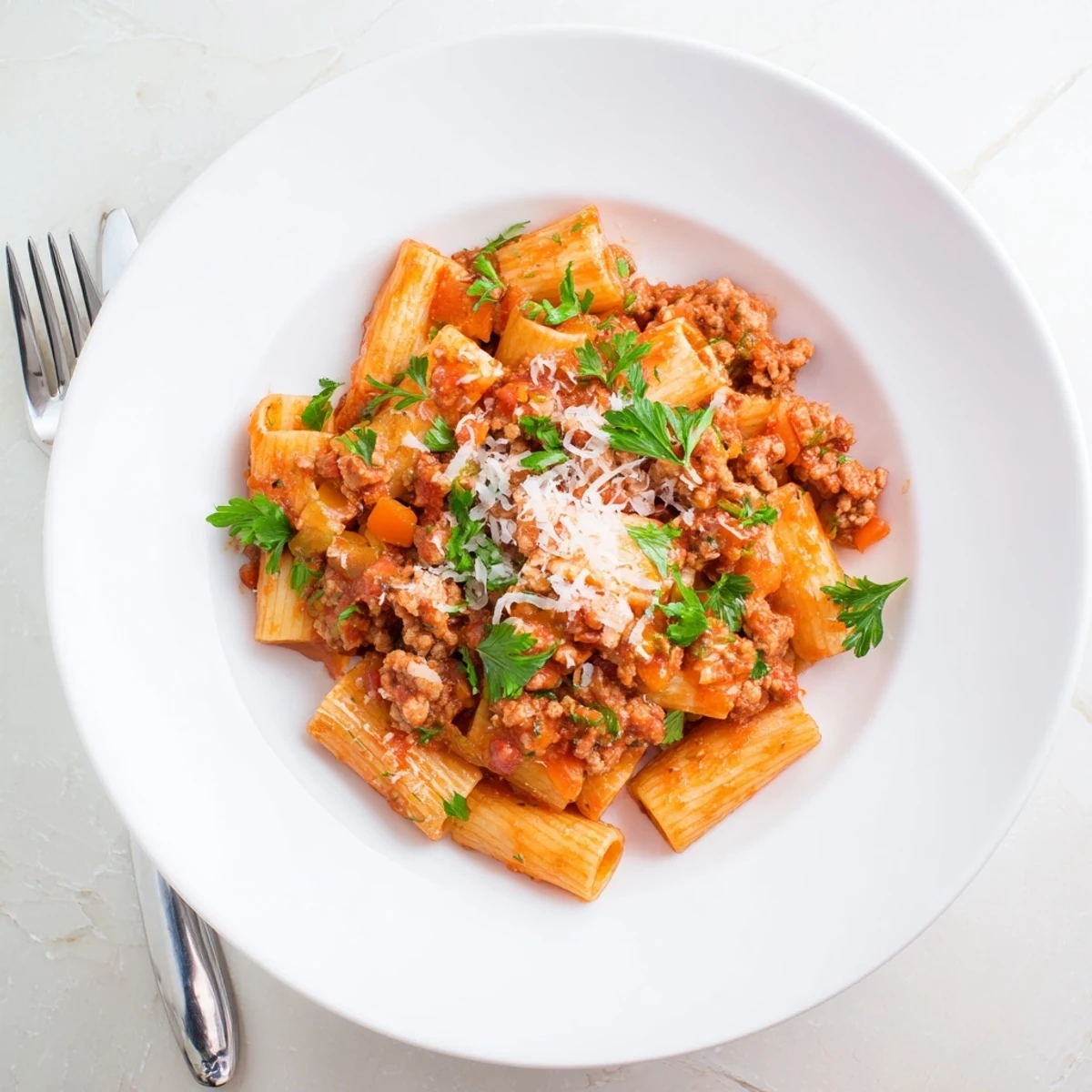 Savory ground turkey pasta simmering in rich red tomato sauce with Parmesan