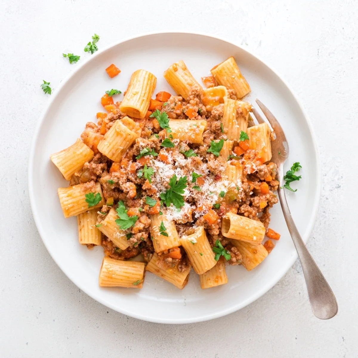 Creamy Turkey Bolognese ragu served over wide noodles with grated cheese topping